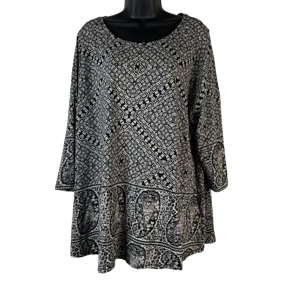 LUCKY BRAND Women's Tunic 3/4 Sleeve Scoop Neck Cotton Modal Knit Black White 3X